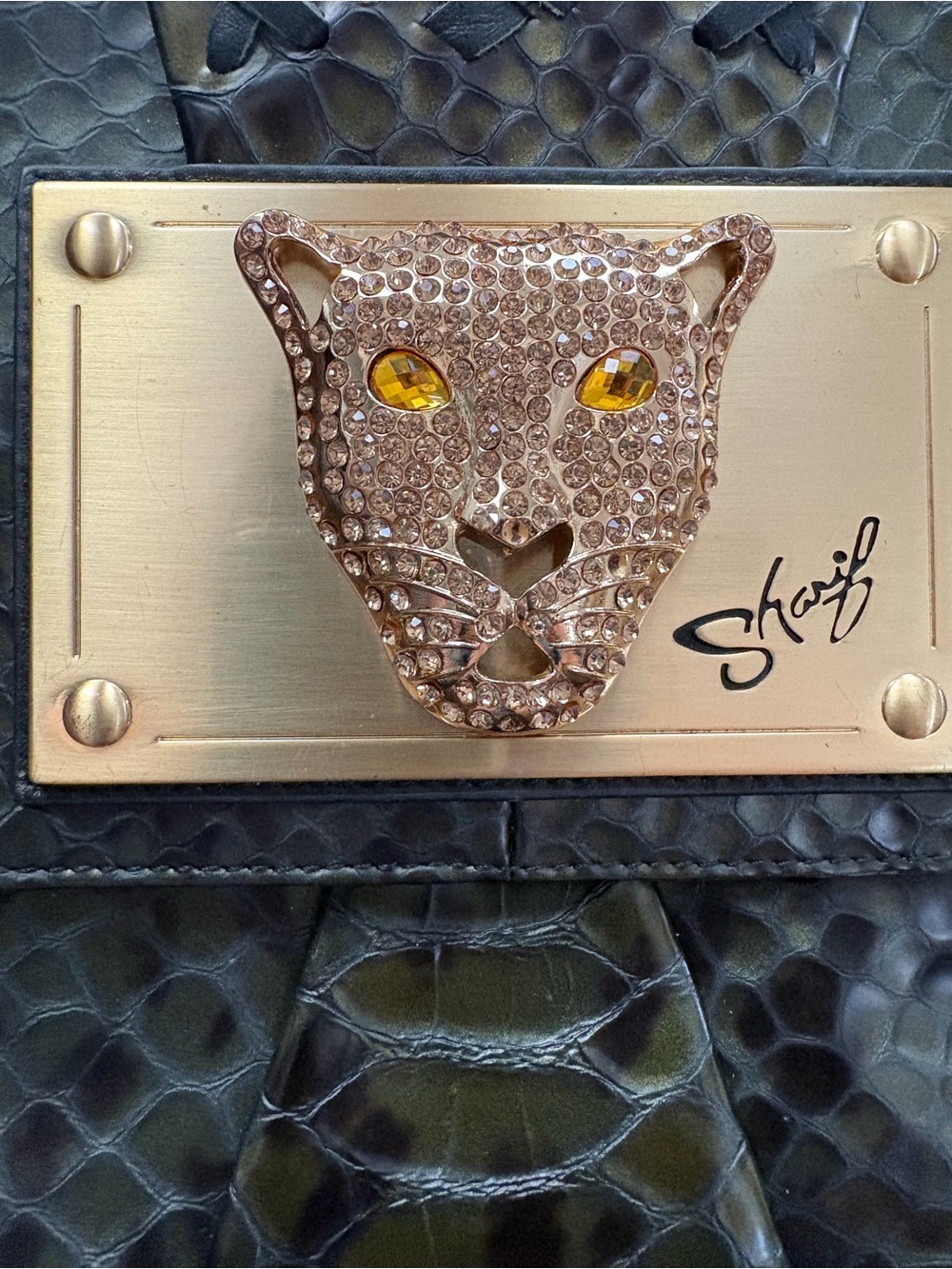 Sharif Black Embossed Snake-Texture Shoulder Bag with Gold Plaque - Picture 2 of 11
